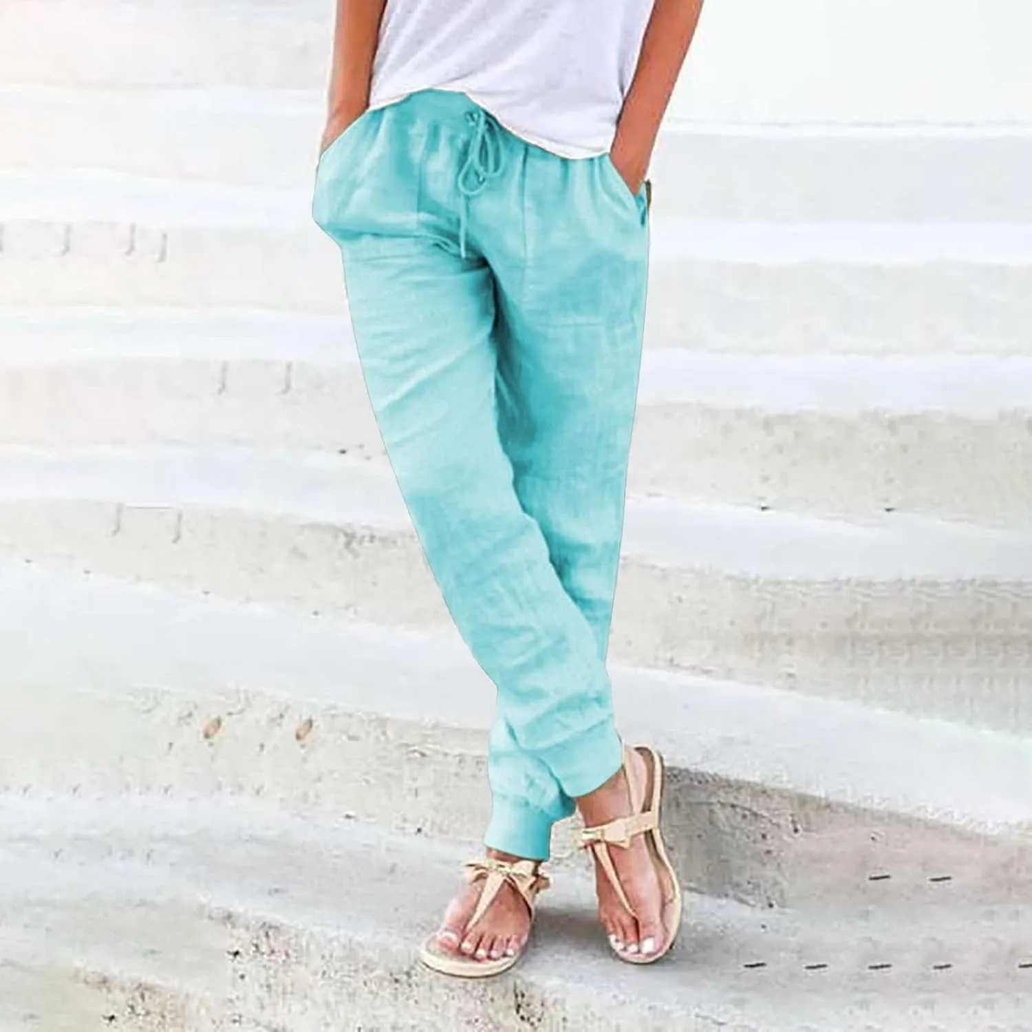 Womens Tapered Pants Cotton Linen Drawstring Elastic Waist Pants Casual Trousers with Pockets Joggers Travel Slacks