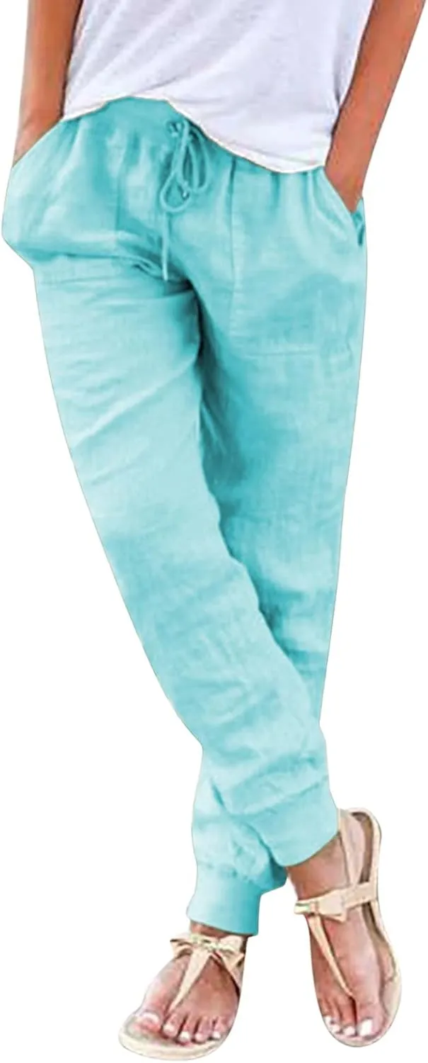 Womens Tapered Pants Cotton Linen Drawstring Elastic Waist Pants Casual Trousers with Pockets Joggers Travel Slacks