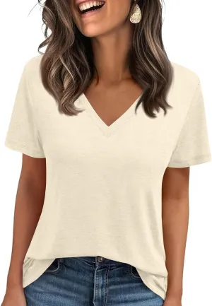 Womens Tops Basic Summer V Neck T Shirts Short Sleeve Dressy Casual Loose Fit Cute Tee Clothes Trendy Fashion Outfits