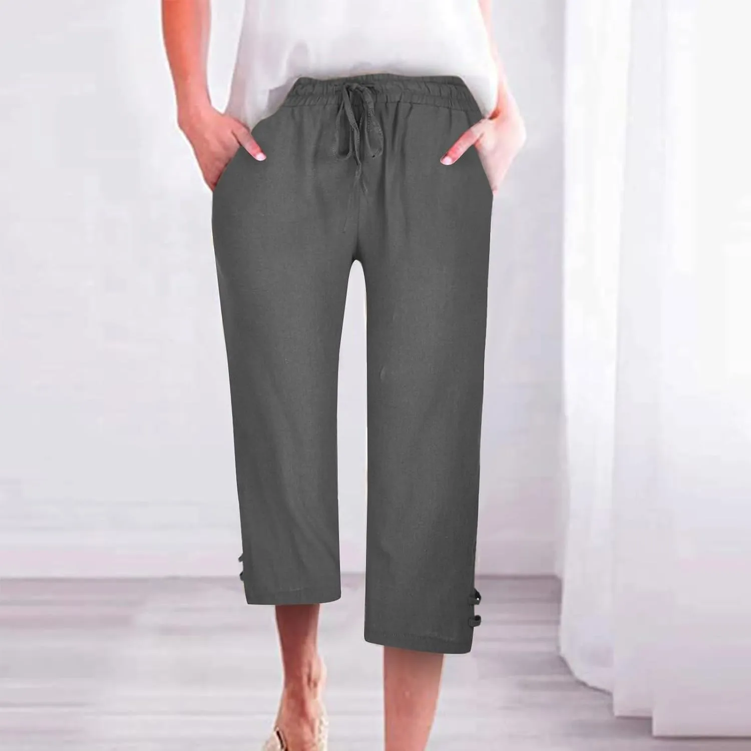 Women's Trendy Wide Leg Pants High Waist Drawstring Elastic Trousers Straight Leg Casual Long Bottoms