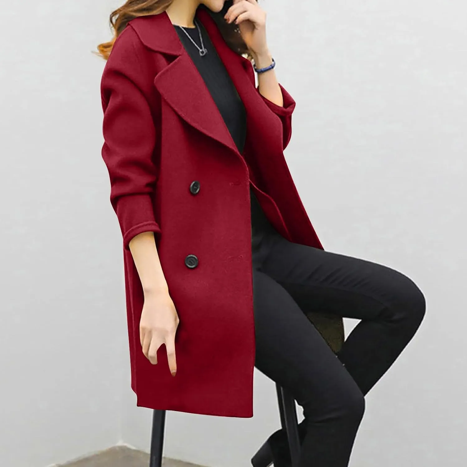 Womens Trendy Woolen Coats Winter Trench Coat Casual Button Cardigan Jacket Overcoat Plain Lapel Outwear