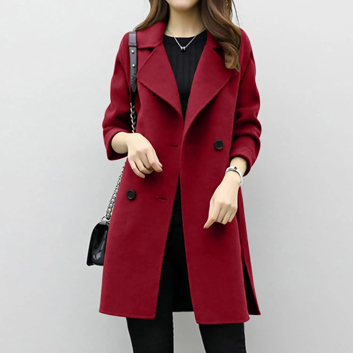 Womens Trendy Woolen Coats Winter Trench Coat Casual Button Cardigan Jacket Overcoat Plain Lapel Outwear