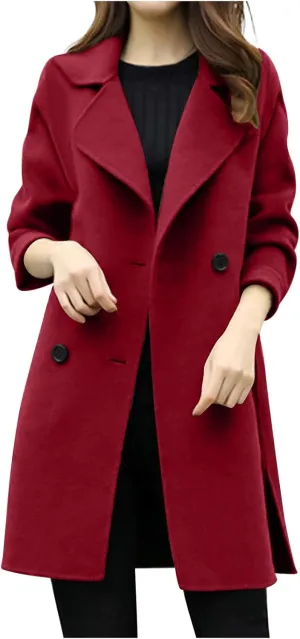 Womens Trendy Woolen Coats Winter Trench Coat Casual Button Cardigan Jacket Overcoat Plain Lapel Outwear