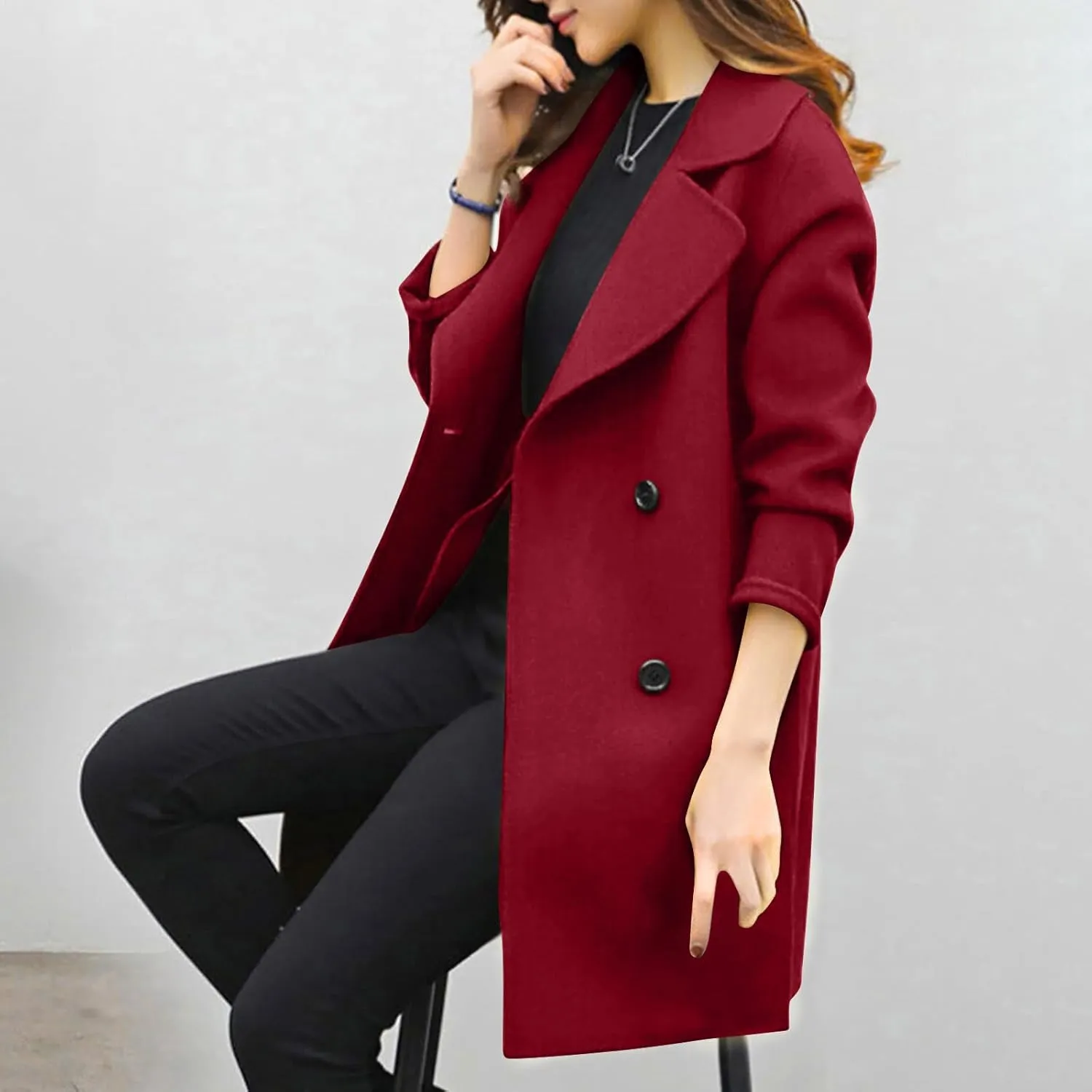 Womens Trendy Woolen Coats Winter Trench Coat Casual Button Cardigan Jacket Overcoat Plain Lapel Outwear