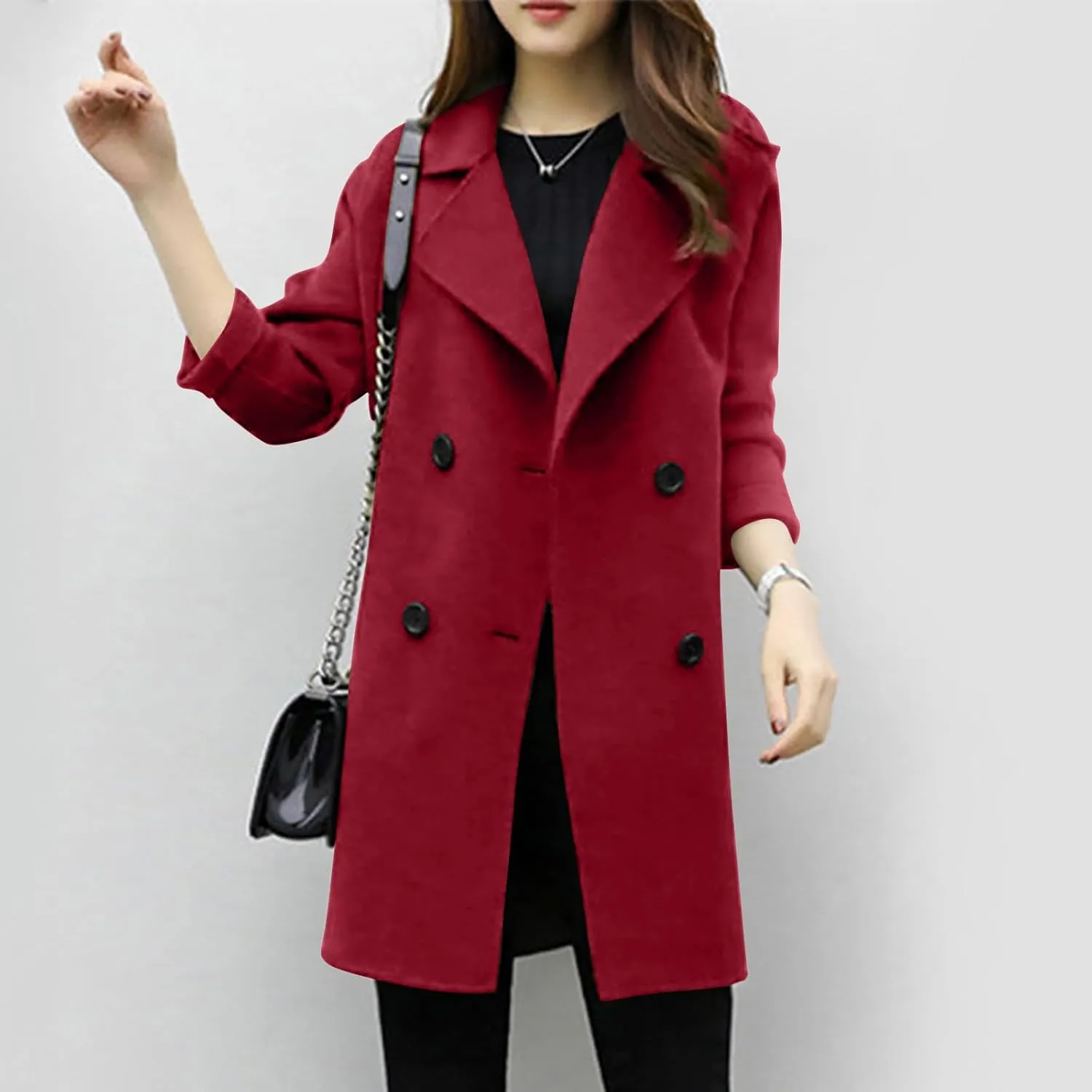 Womens Trendy Woolen Coats Winter Trench Coat Casual Button Cardigan Jacket Overcoat Plain Lapel Outwear