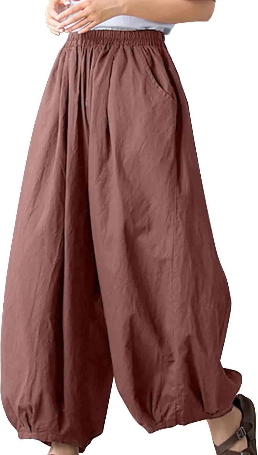 Women's Vintage Cotton Linen Baggy Pants Elastic High Waist Wide Leg Lantern Pants Casual Loose Trouser with Pockets