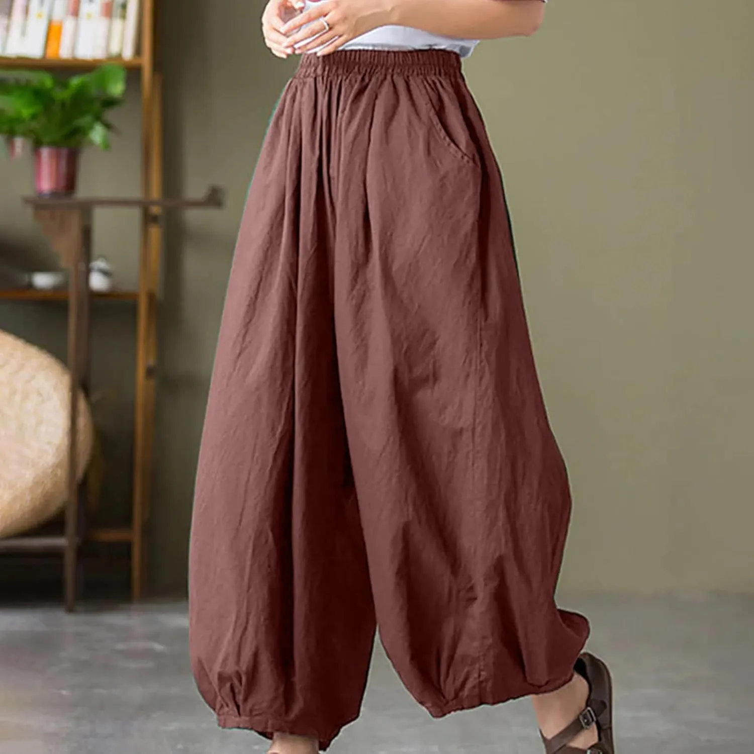 Women's Vintage Cotton Linen Baggy Pants Elastic High Waist Wide Leg Lantern Pants Casual Loose Trouser with Pockets