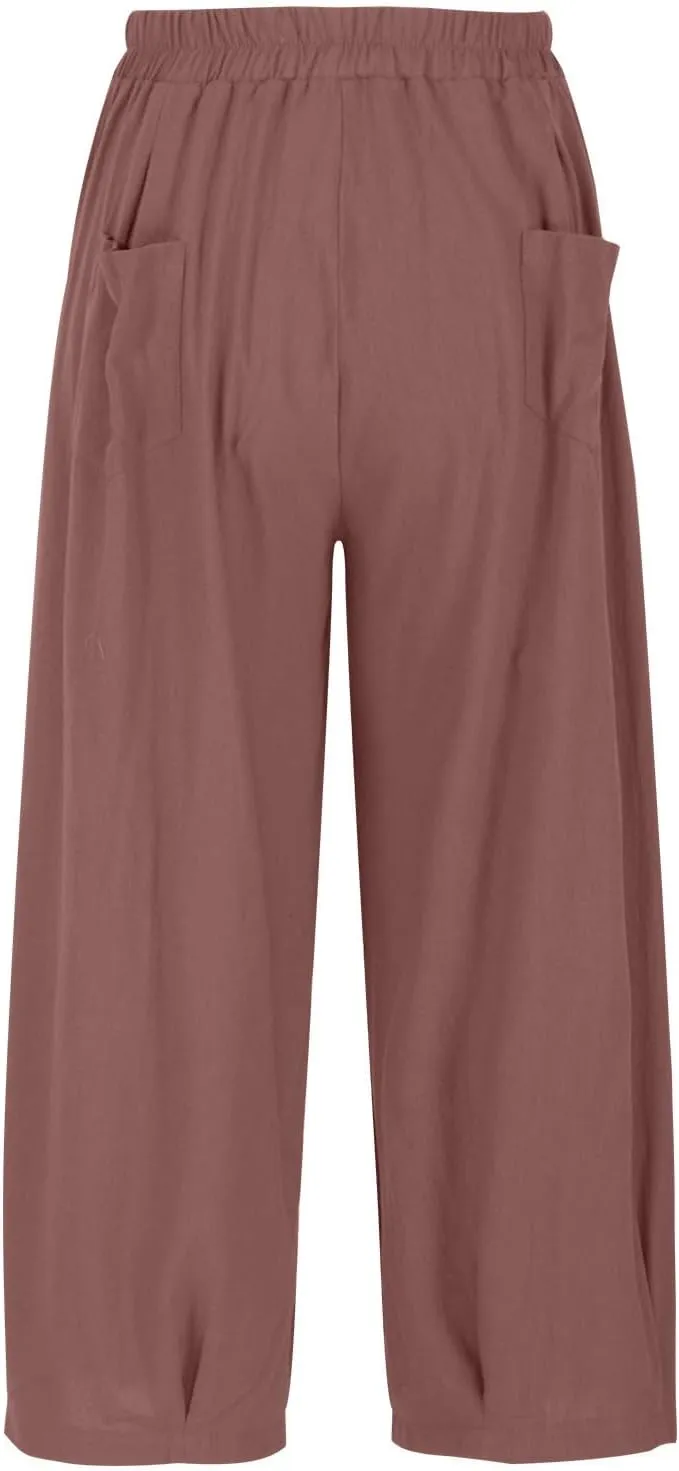Women's Vintage Cotton Linen Baggy Pants Elastic High Waist Wide Leg Lantern Pants Casual Loose Trouser with Pockets