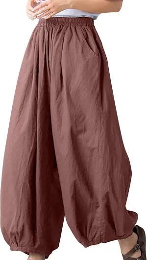 Women's Vintage Cotton Linen Baggy Pants Elastic High Waist Wide Leg Lantern Pants Casual Loose Trouser with Pockets