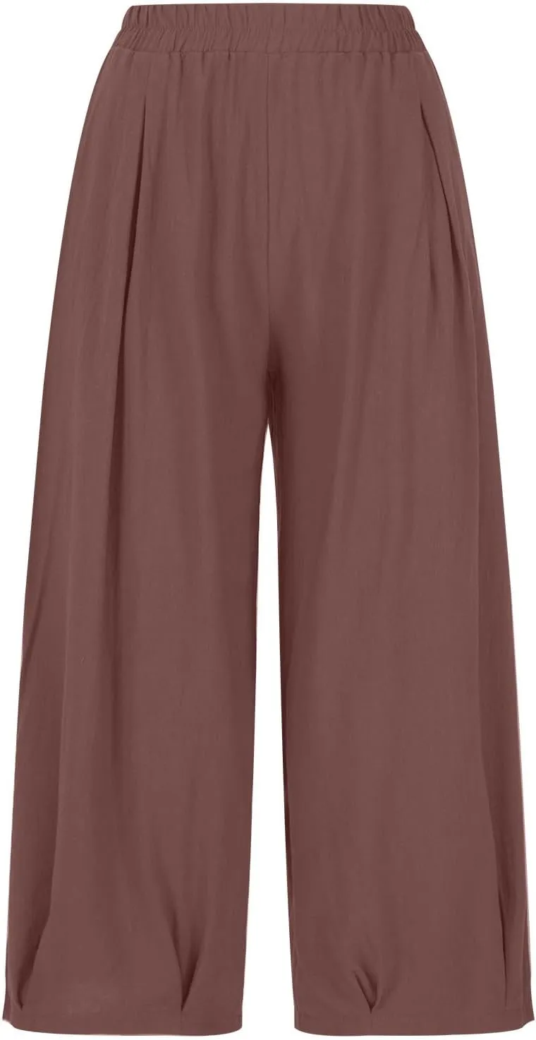 Women's Vintage Cotton Linen Baggy Pants Elastic High Waist Wide Leg Lantern Pants Casual Loose Trouser with Pockets