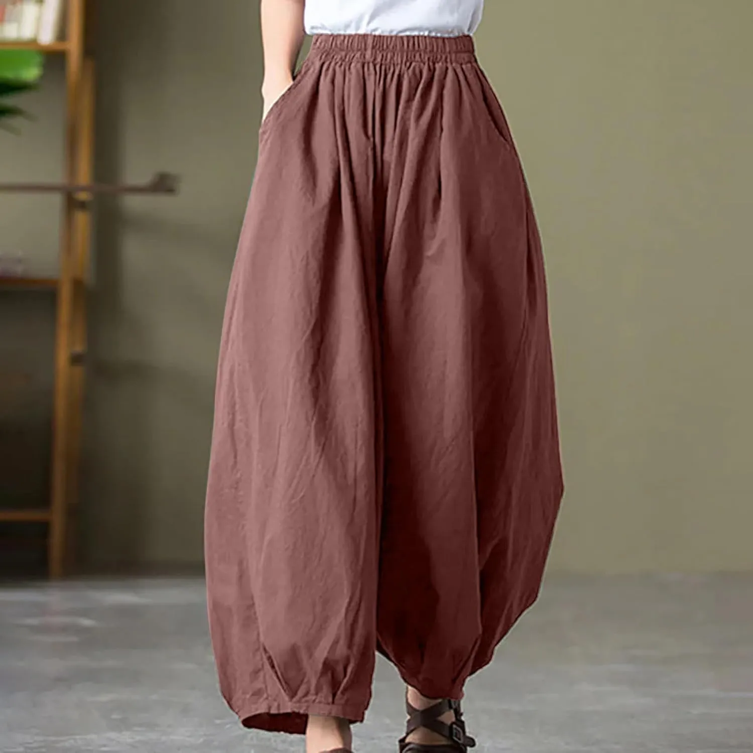 Women's Vintage Cotton Linen Baggy Pants Elastic High Waist Wide Leg Lantern Pants Casual Loose Trouser with Pockets