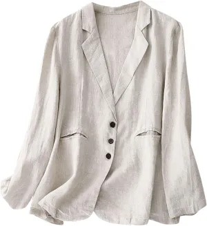 Womens Vintage Oversized Blazers Loose Cotton Linen Button Suit Jackets Breathy Lightweight Comfy Blazer Lapel Coats