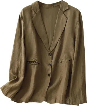 Womens Vintage Oversized Blazers Loose Cotton Linen Button Suit Jackets Breathy Lightweight Comfy Blazer Lapel Coats