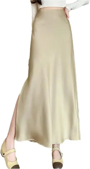 Women's Vintage Satin Skirts Elegant Office Mid Length Split A-Line Wrapped Fishtail Long Skirts