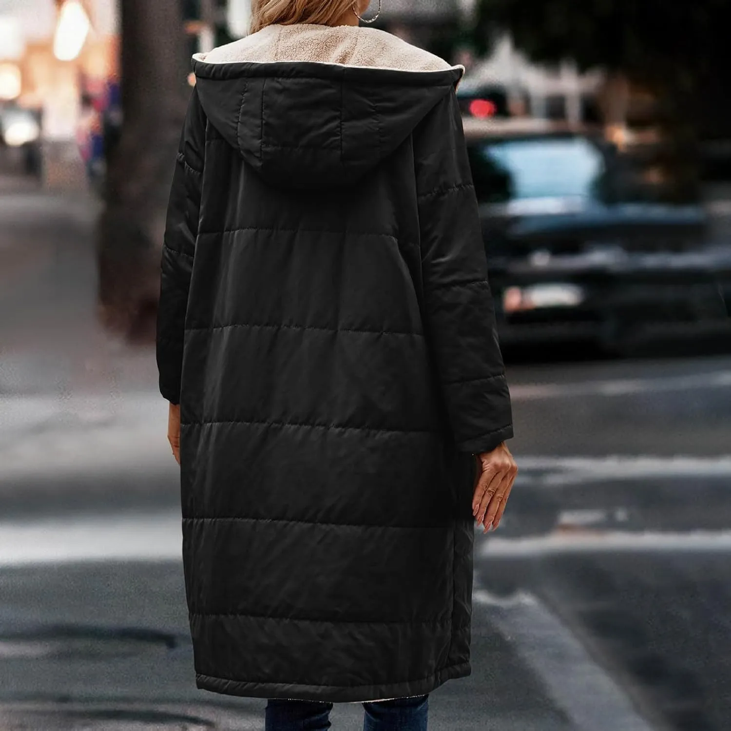 Womens Warm Winter Coats Sherpa Fleece Lined Hooded Jackets with Pockets Plush Reversible Long Overcoat