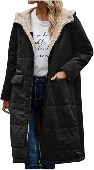 Womens Warm Winter Coats Sherpa Fleece Lined Hooded Jackets with Pockets Plush Reversible Long Overcoat