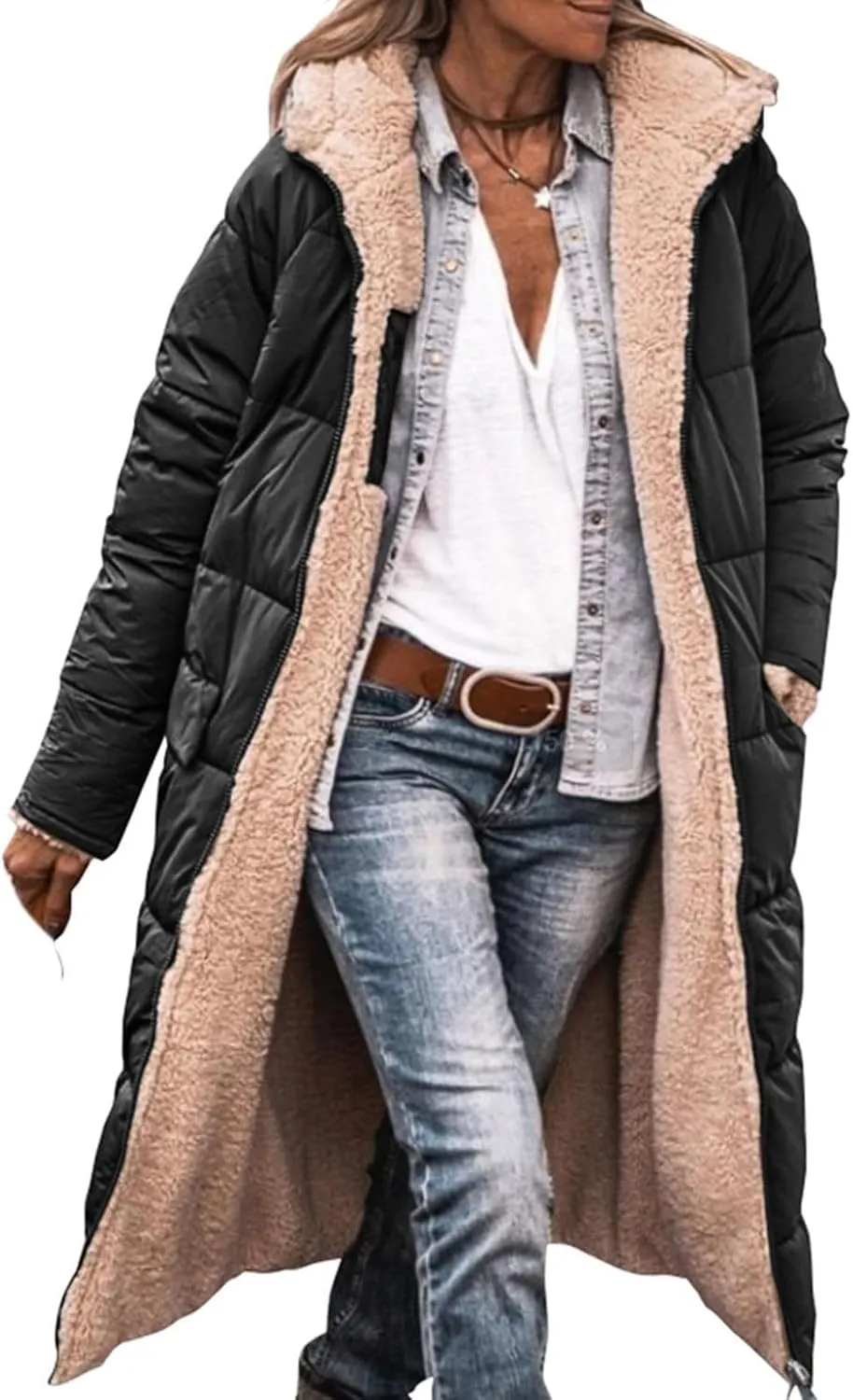 Womens Warm Winter Coats Sherpa Fleece Lined Hooded Jackets with Pockets Plush Reversible Long Overcoat