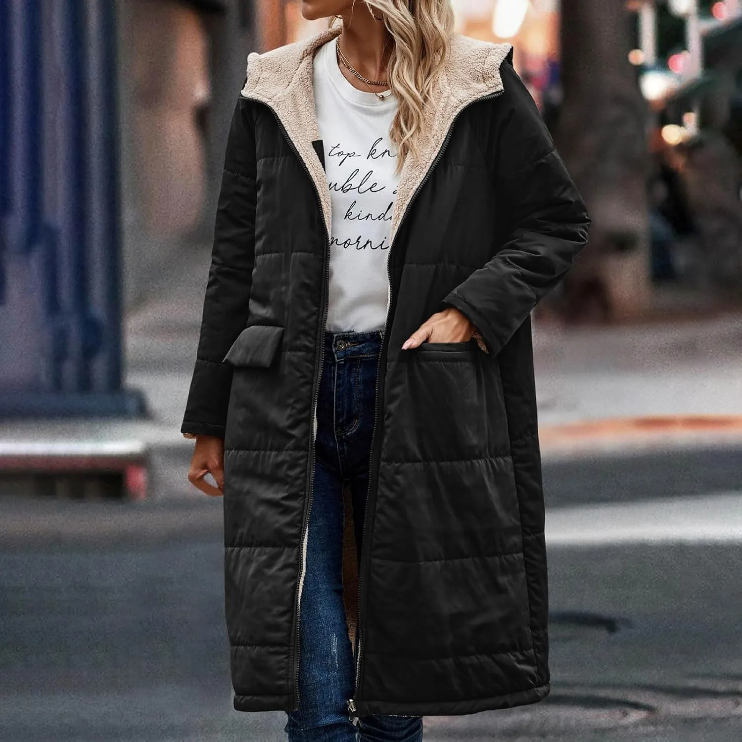 Womens Warm Winter Coats Sherpa Fleece Lined Hooded Jackets with Pockets Plush Reversible Long Overcoat