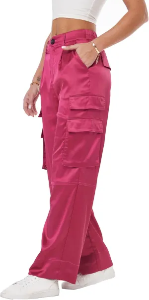Women's Wide Leg Cargo Pants Satin Silky Casual High Waist Y2K Baggy Cargo Pants Combat Military Trouser