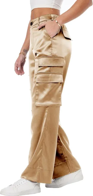 Women's Wide Leg Cargo Pants Satin Silky Casual High Waist Y2K Baggy Cargo Pants Combat Military Trouser