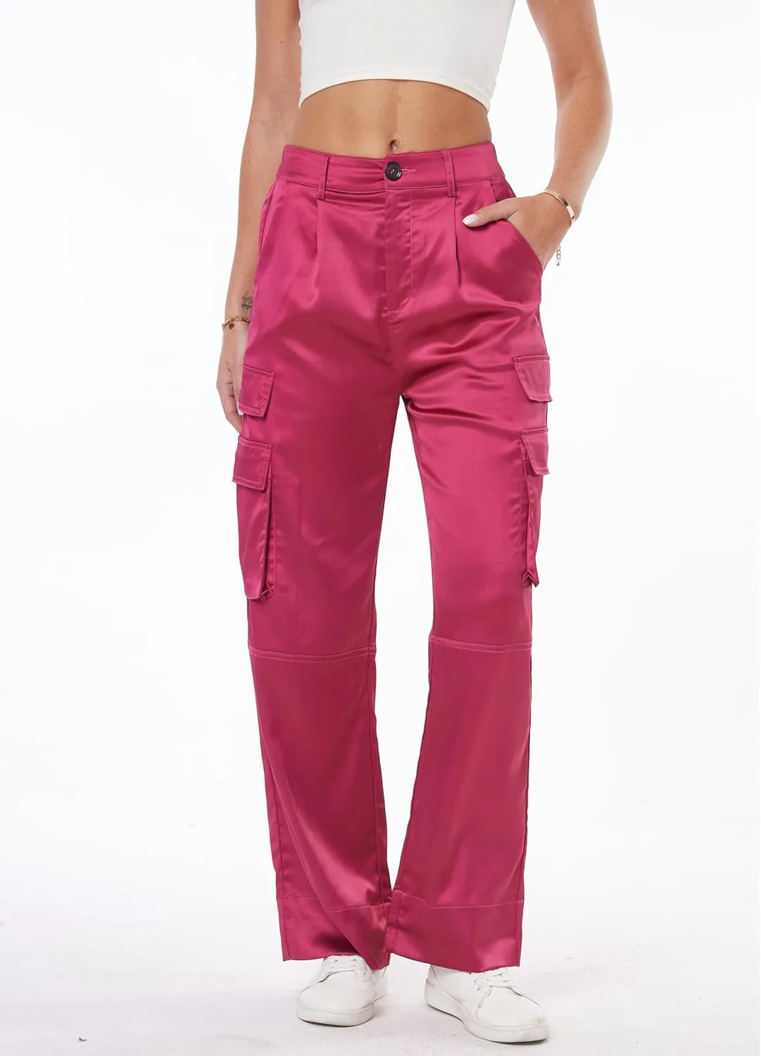 Women's Wide Leg Cargo Pants Satin Silky Casual High Waist Y2K Baggy Cargo Pants Combat Military Trouser