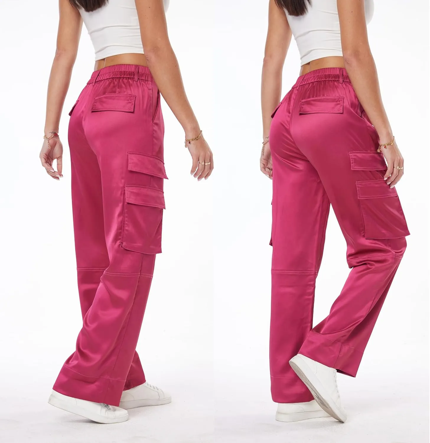 Women's Wide Leg Cargo Pants Satin Silky Casual High Waist Y2K Baggy Cargo Pants Combat Military Trouser