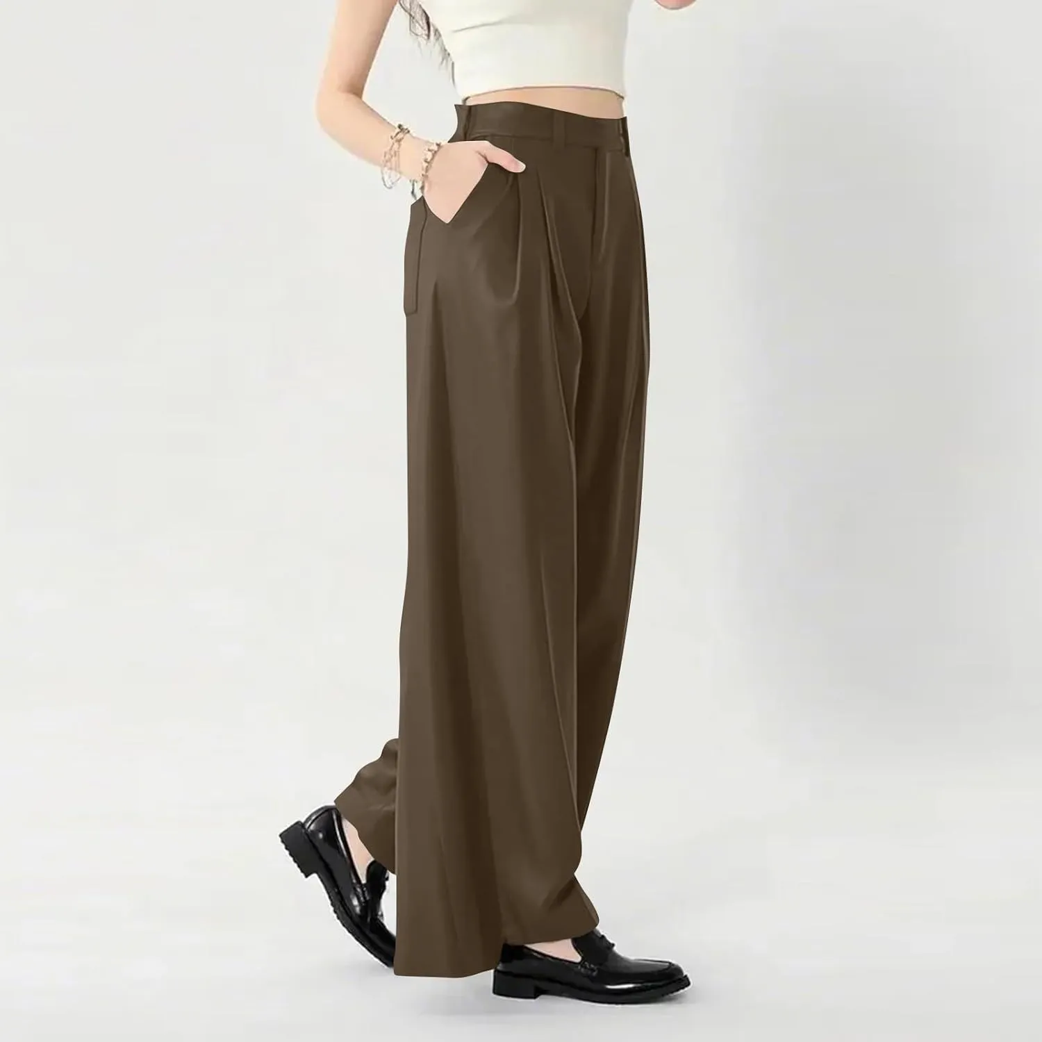 Women's Wide Legged Pants Pleated High Waisted with Pockets Flowy Trousers Business Casual Bottoms Trendy