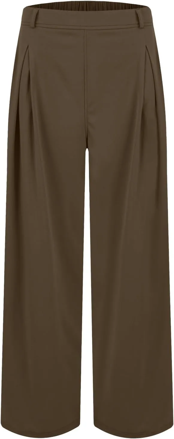 Women's Wide Legged Pants Pleated High Waisted with Pockets Flowy Trousers Business Casual Bottoms Trendy