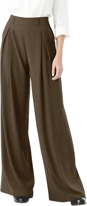 Women's Wide Legged Pants Pleated High Waisted with Pockets Flowy Trousers Business Casual Bottoms Trendy