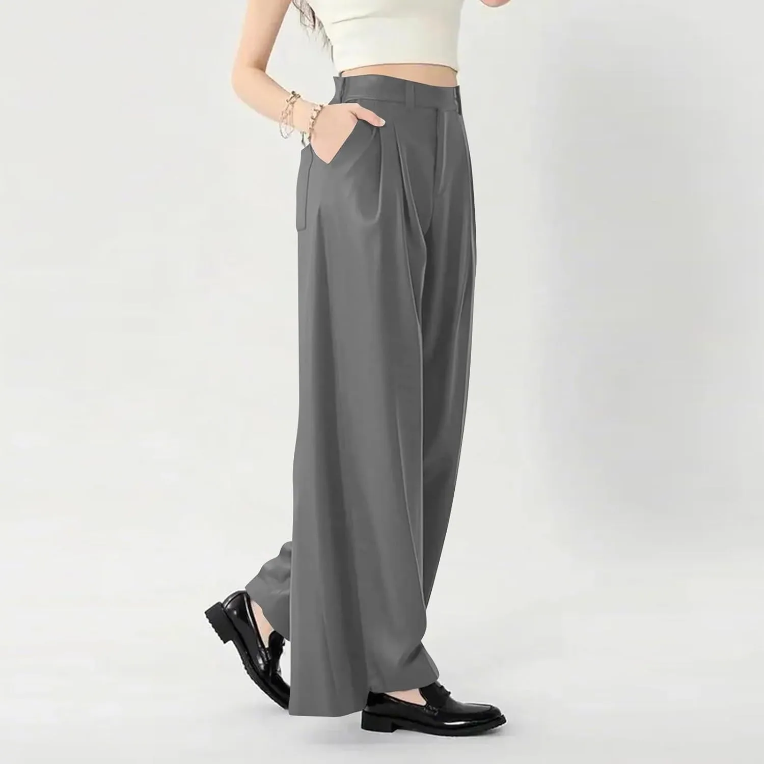 Women's Wide Legged Pants Pleated High Waisted with Pockets Flowy Trousers Business Casual Bottoms Trendy