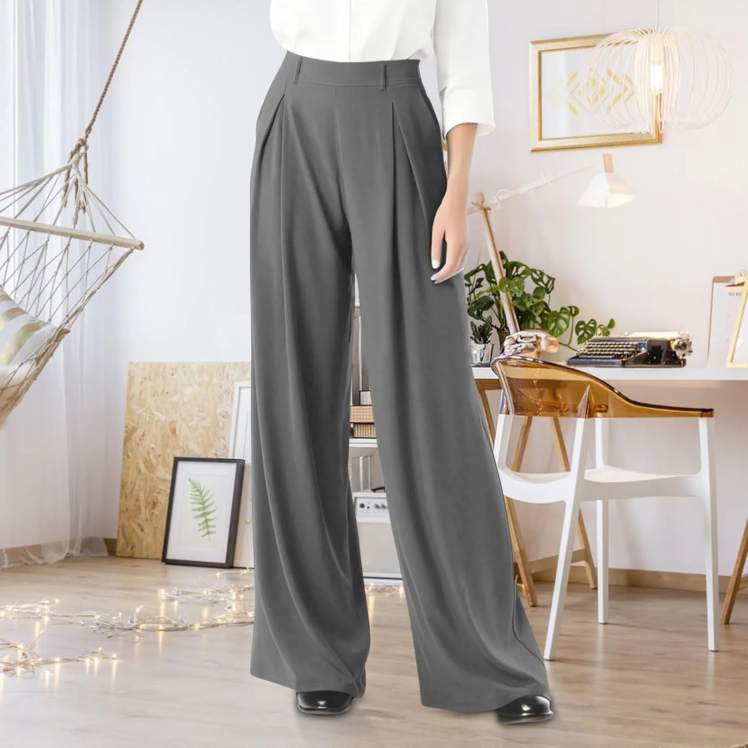 Women's Wide Legged Pants Pleated High Waisted with Pockets Flowy Trousers Business Casual Bottoms Trendy