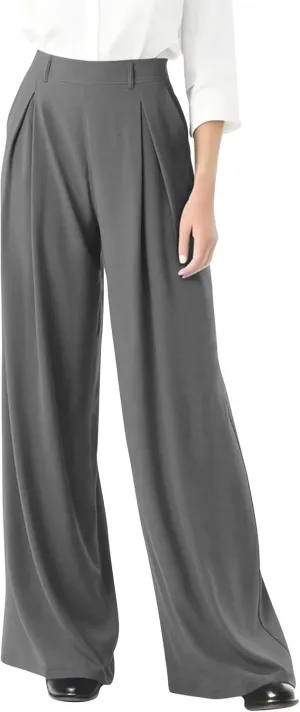 Women's Wide Legged Pants Pleated High Waisted with Pockets Flowy Trousers Business Casual Bottoms Trendy