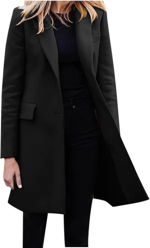 Womens Winter Coats Casual Notched Collar Single Breasted Mid-Long Trench Coats Formal Work Office Overcoat Wool Coats