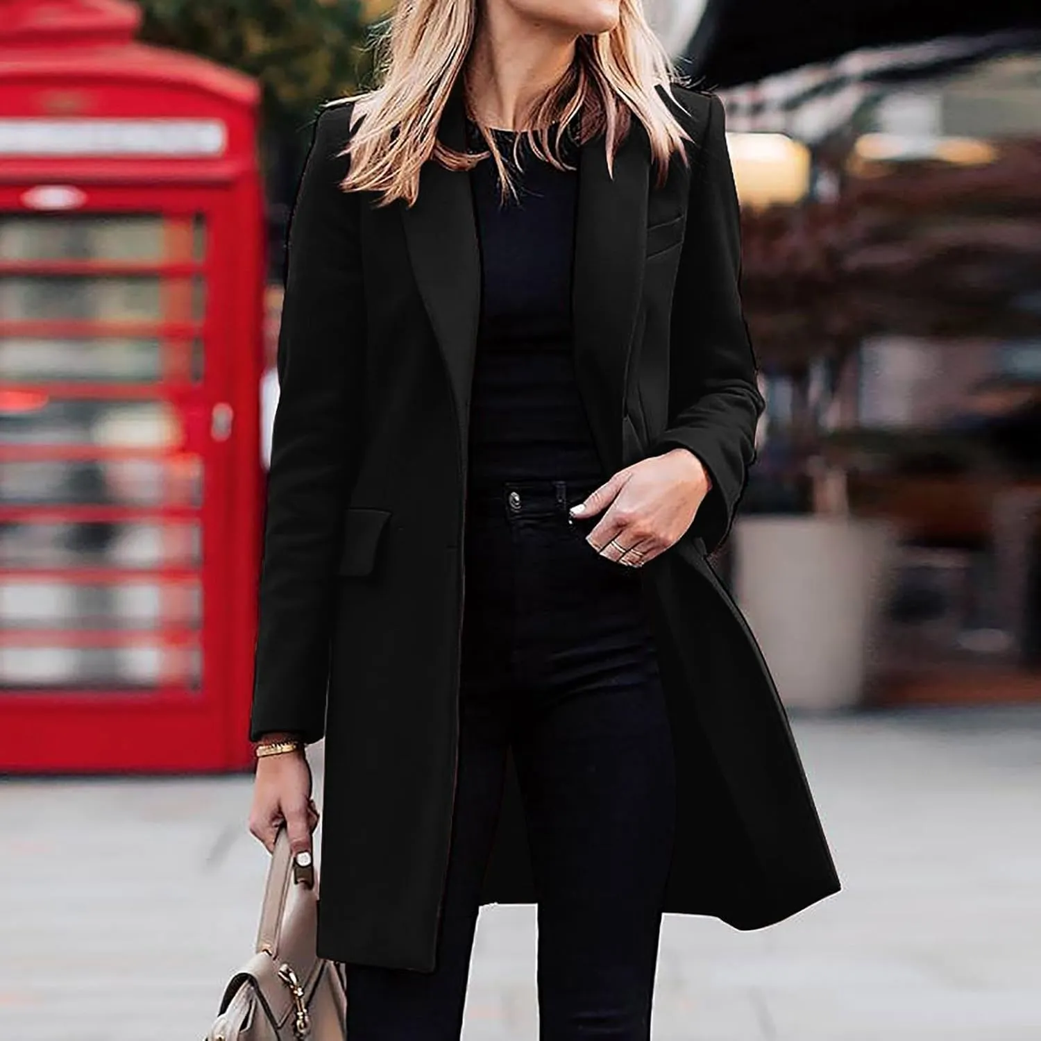 Womens Winter Coats Casual Notched Collar Single Breasted Mid-Long Trench Coats Formal Work Office Overcoat Wool Coats