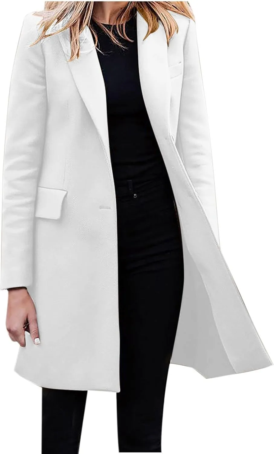 Womens Winter Coats Casual Notched Collar Single Breasted Mid-Long Trench Coats Formal Work Office Overcoat Wool Coats
