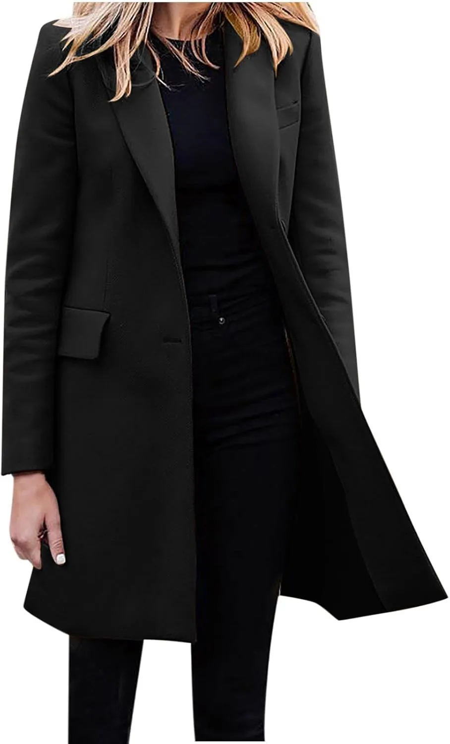 Womens Winter Coats Casual Notched Collar Single Breasted Mid-Long Trench Coats Formal Work Office Overcoat Wool Coats