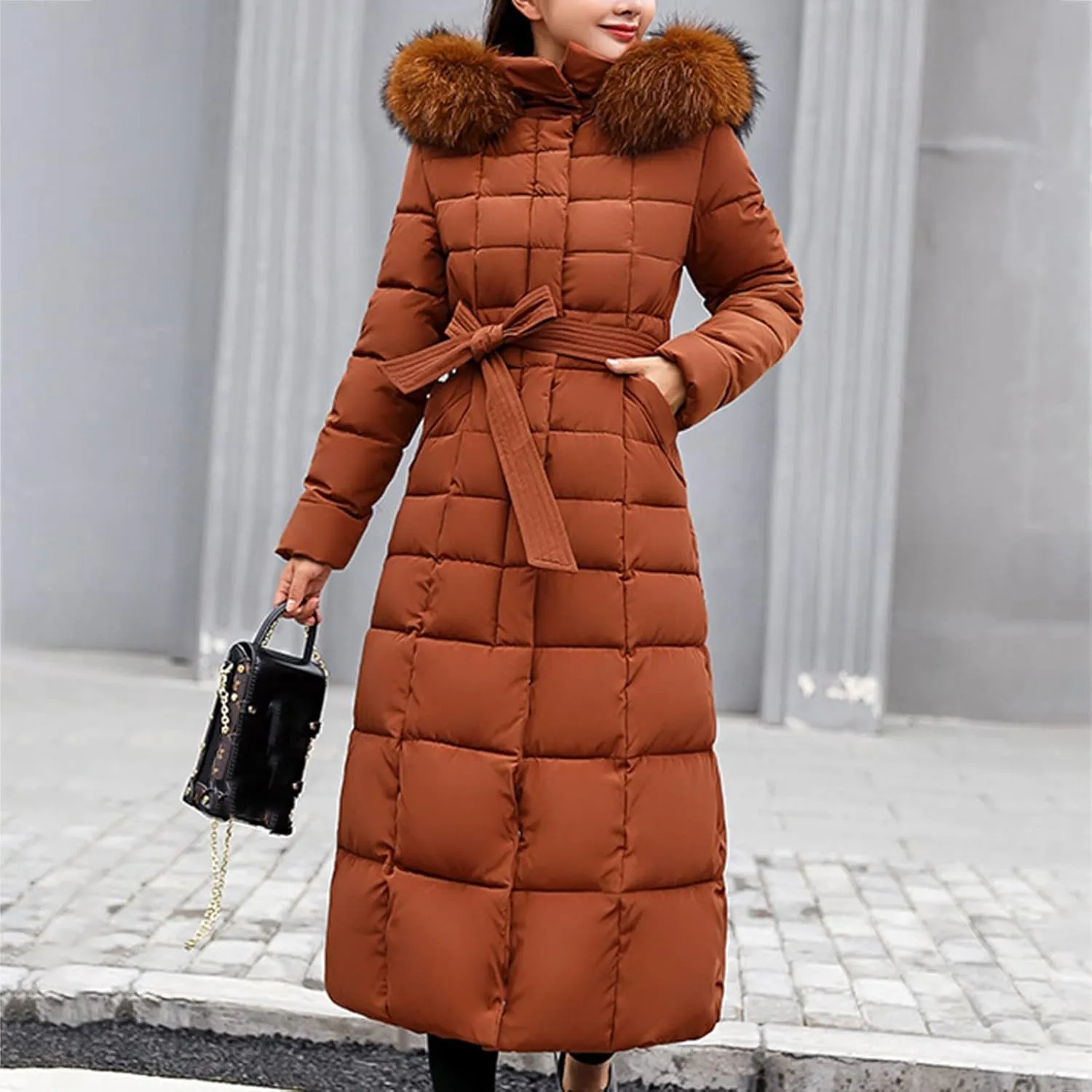 Womens Winter Coats Warm Thicken Puffer Jacket Loose Fit Hooded Long Sleeve Quilted Coat with Belt 2024 Trendy Outwear