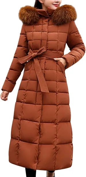 Womens Winter Coats Warm Thicken Puffer Jacket Loose Fit Hooded Long Sleeve Quilted Coat with Belt 2024 Trendy Outwear