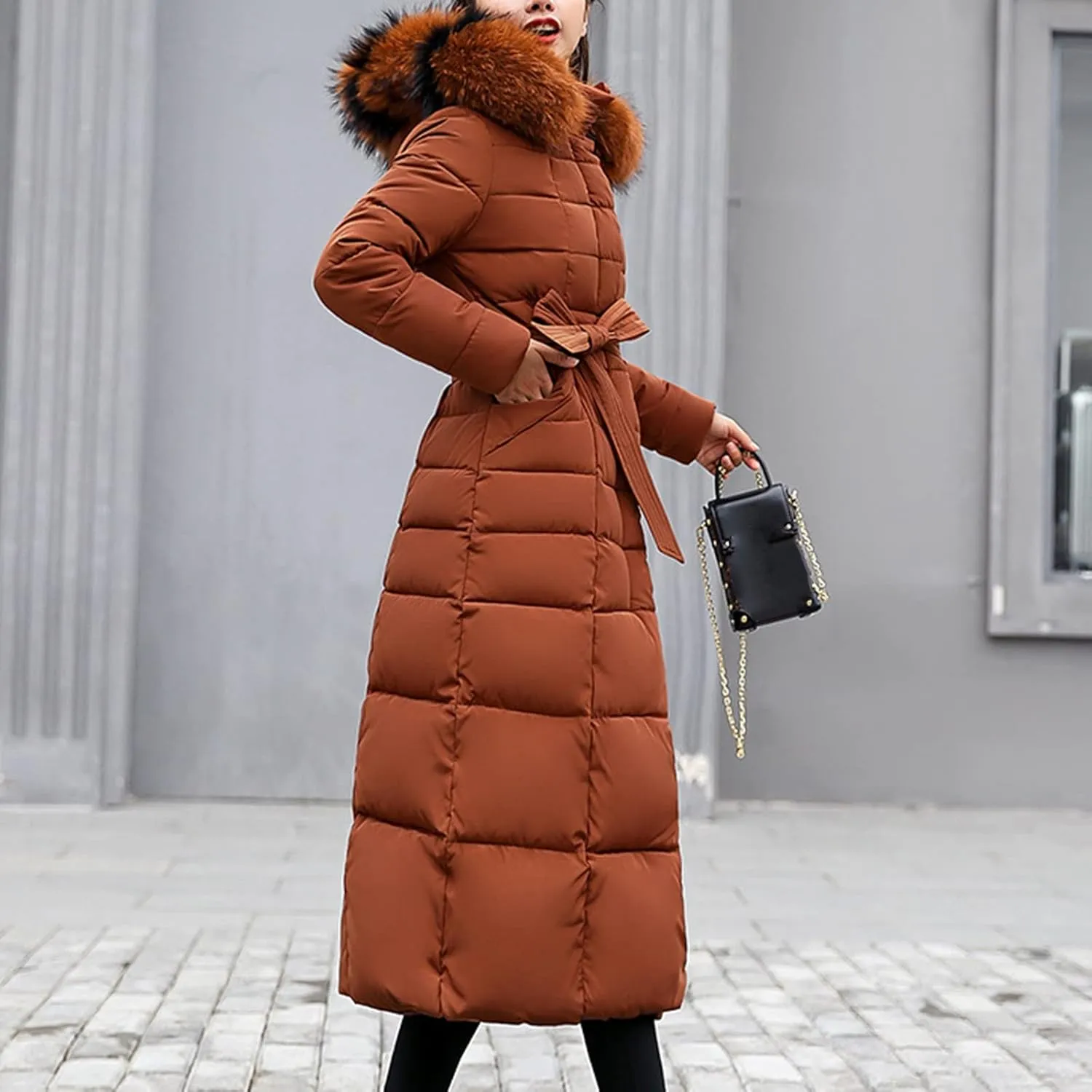Womens Winter Coats Warm Thicken Puffer Jacket Loose Fit Hooded Long Sleeve Quilted Coat with Belt 2024 Trendy Outwear