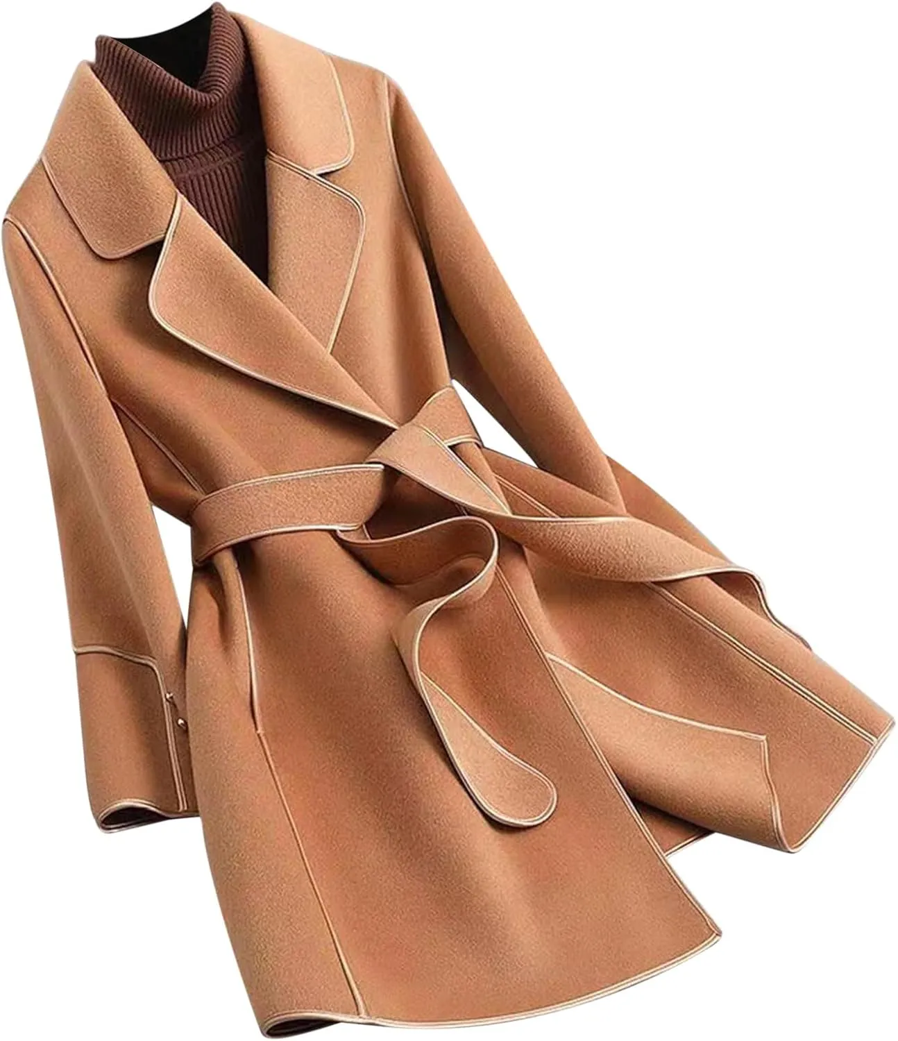 Womens Winter Coats Wool Blend Overcoat Fashion Notch Lapel Long Cardigan Elegant Mid Length Wrap Jacket with Tie Belt