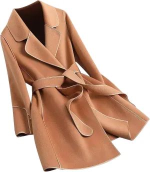 Womens Winter Coats Wool Blend Overcoat Fashion Notch Lapel Long Cardigan Elegant Mid Length Wrap Jacket with Tie Belt