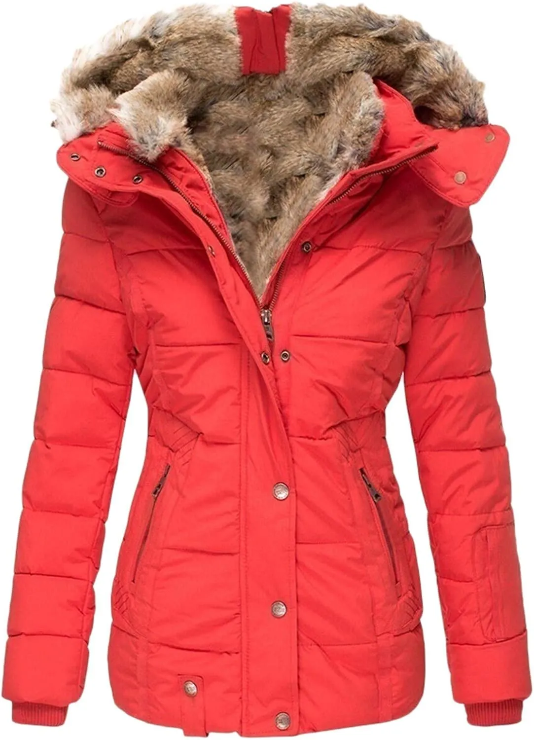 Womens Winter Coats Zip Hooded Faux Fur Inside Down Jackets Fleece Lined Padded Coat Thick Warm Windproof Trench Coat