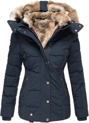 Womens Winter Coats Zip Hooded Faux Fur Inside Down Jackets Fleece Lined Padded Coat Thick Warm Windproof Trench Coat