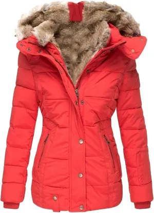 Womens Winter Coats Zip Hooded Faux Fur Inside Down Jackets Fleece Lined Padded Coat Thick Warm Windproof Trench Coat