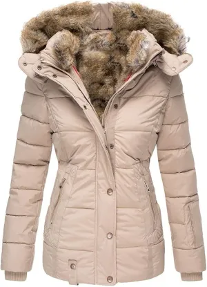 Womens Winter Coats Zip Hooded Faux Fur Inside Down Jackets Fleece Lined Padded Coat Thick Warm Windproof Trench Coat
