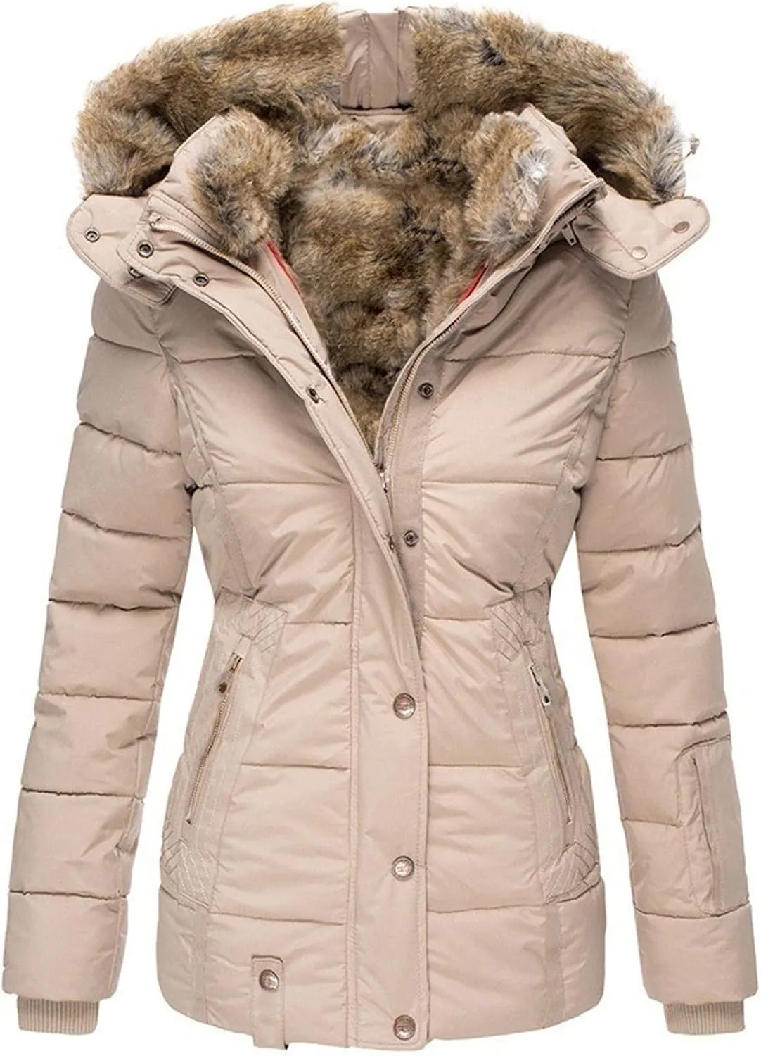 Womens Winter Coats Zip Hooded Faux Fur Inside Down Jackets Fleece Lined Padded Coat Thick Warm Windproof Trench Coat