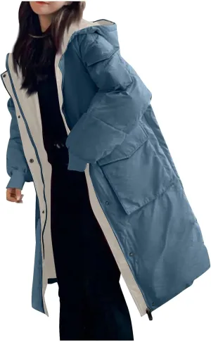 Women's Winter Overcoat Tops Long Jacket with Hood Trench Coat Solid Outwear Long Sleeve Coats with Pockets