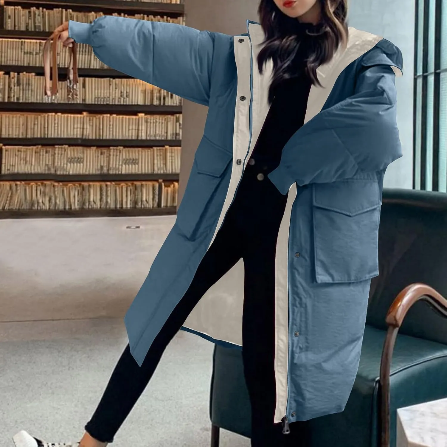 Women's Winter Overcoat Tops Long Jacket with Hood Trench Coat Solid Outwear Long Sleeve Coats with Pockets