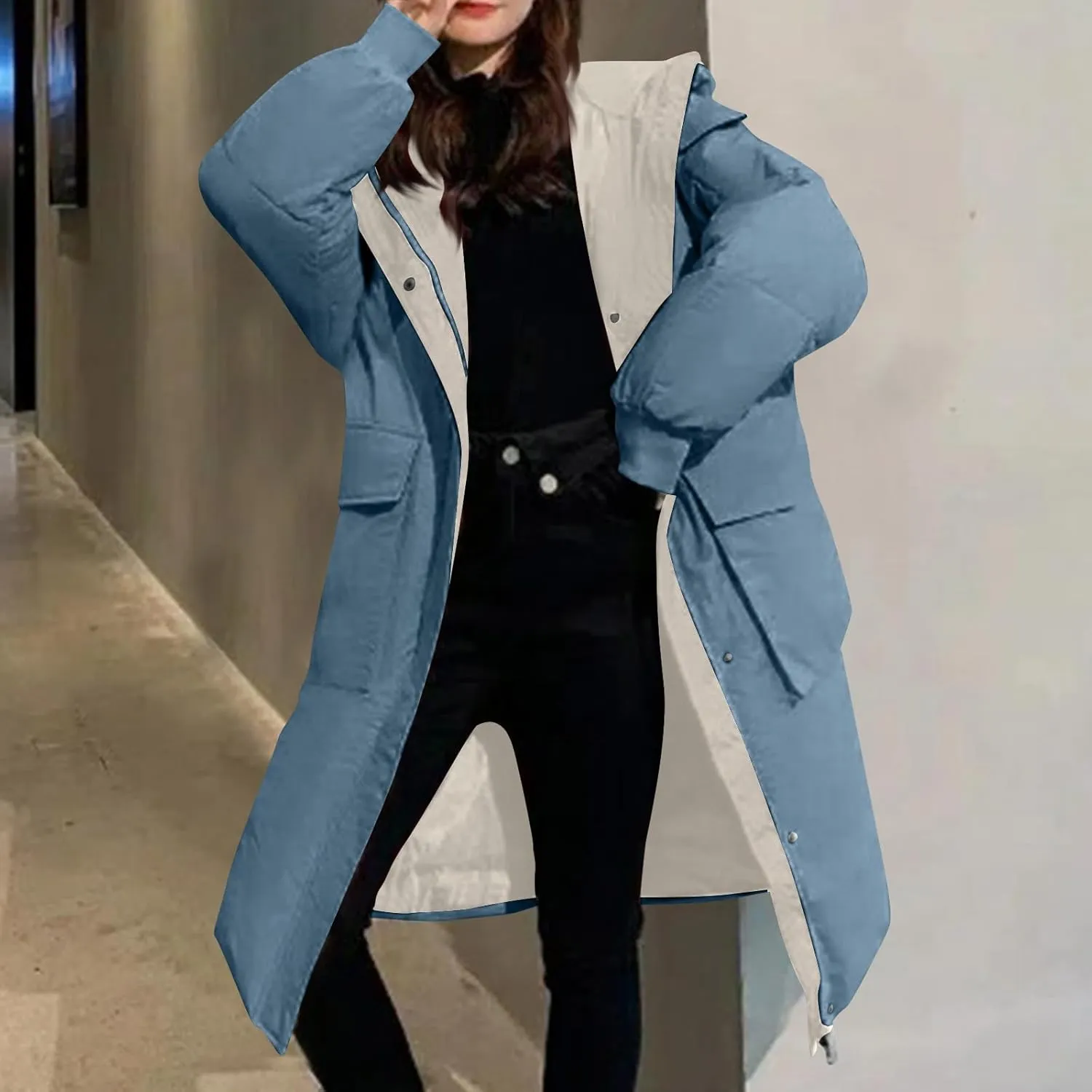 Women's Winter Overcoat Tops Long Jacket with Hood Trench Coat Solid Outwear Long Sleeve Coats with Pockets