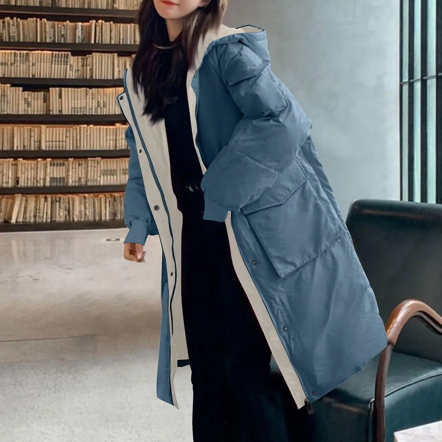 Women's Winter Overcoat Tops Long Jacket with Hood Trench Coat Solid Outwear Long Sleeve Coats with Pockets